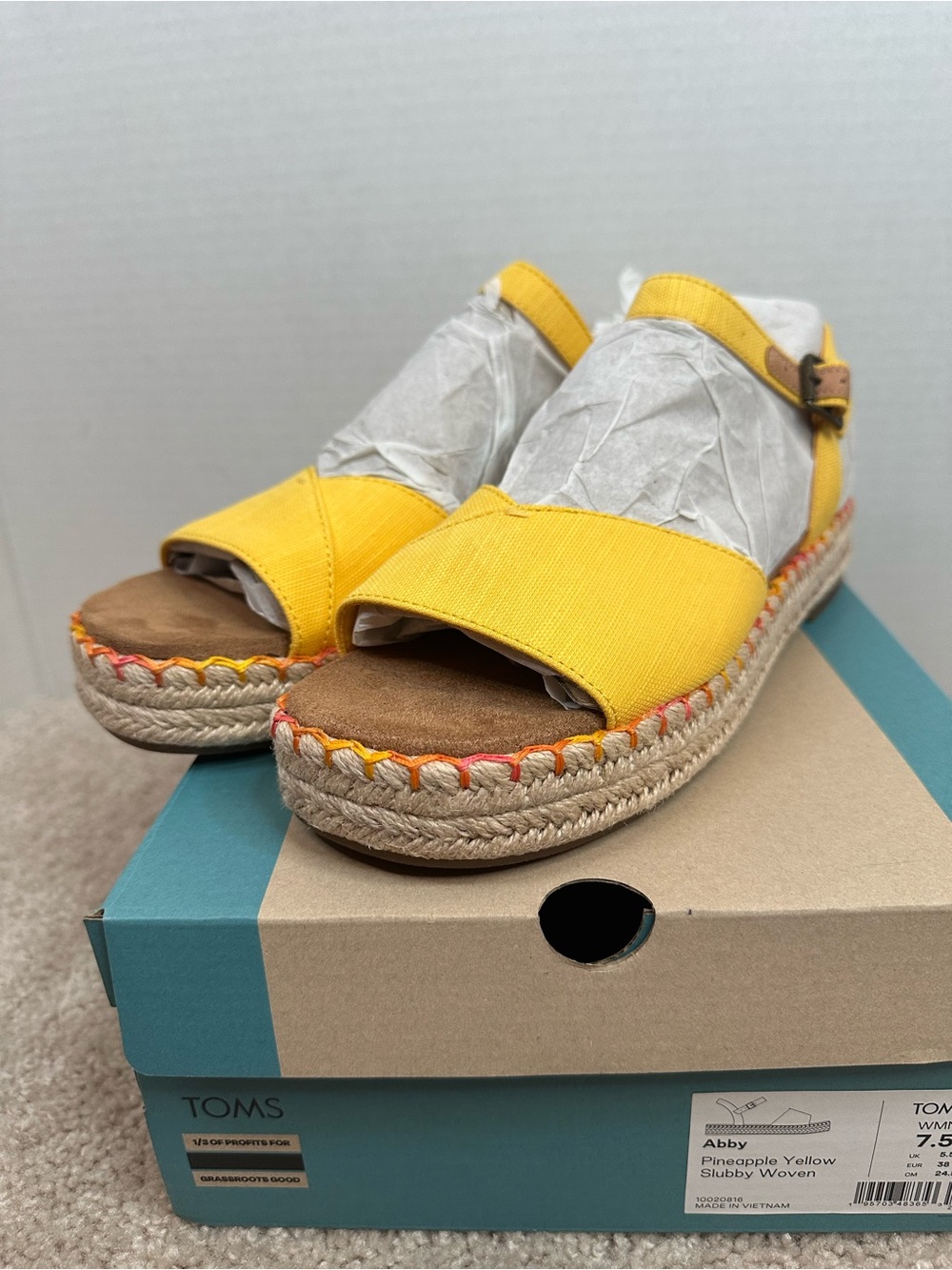 Toms Yellow Espadrille Platform Sandals with Ankle Strap, pineapple yellow, NWT